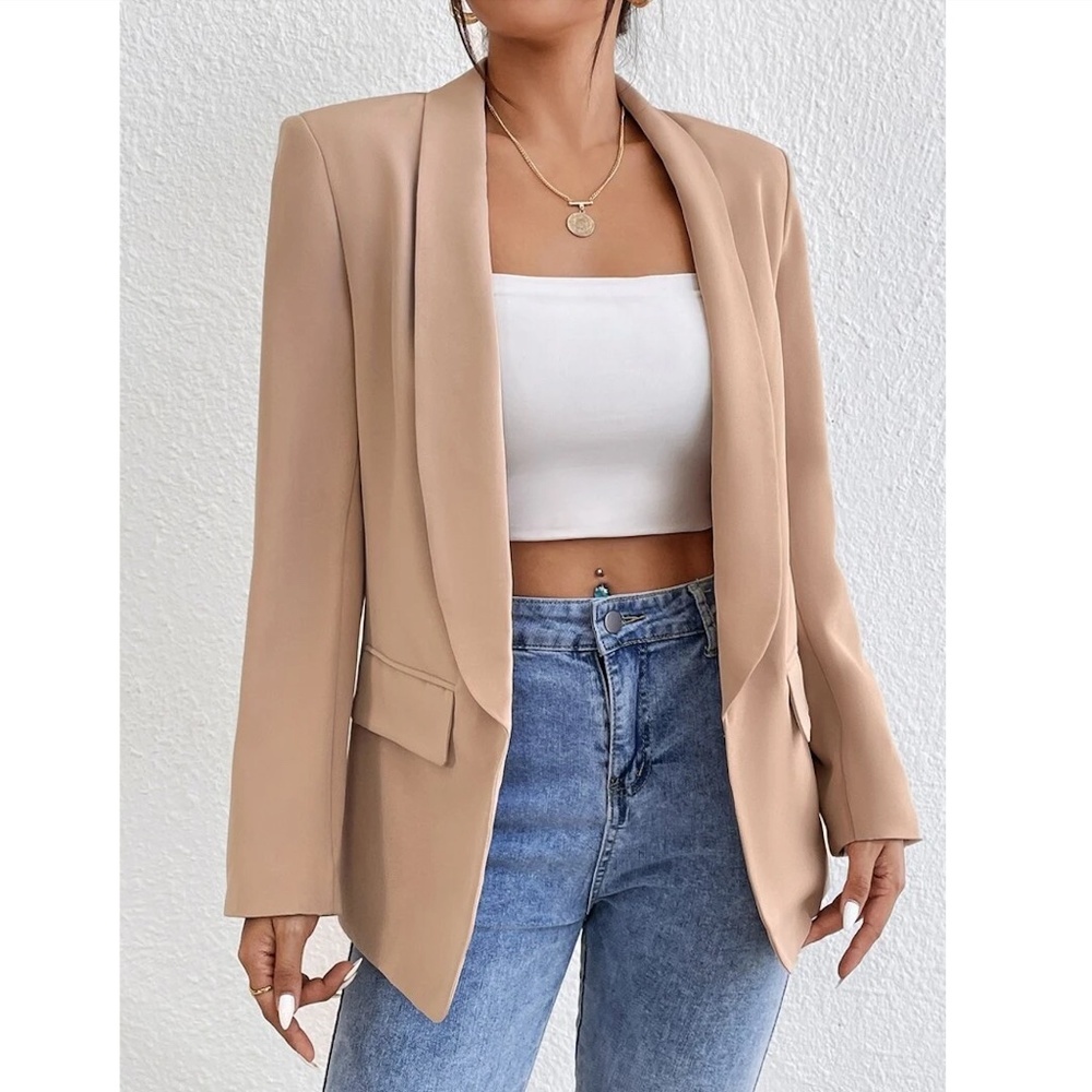 Beige Blazer Jacket Shawl Collar Long Sleeve